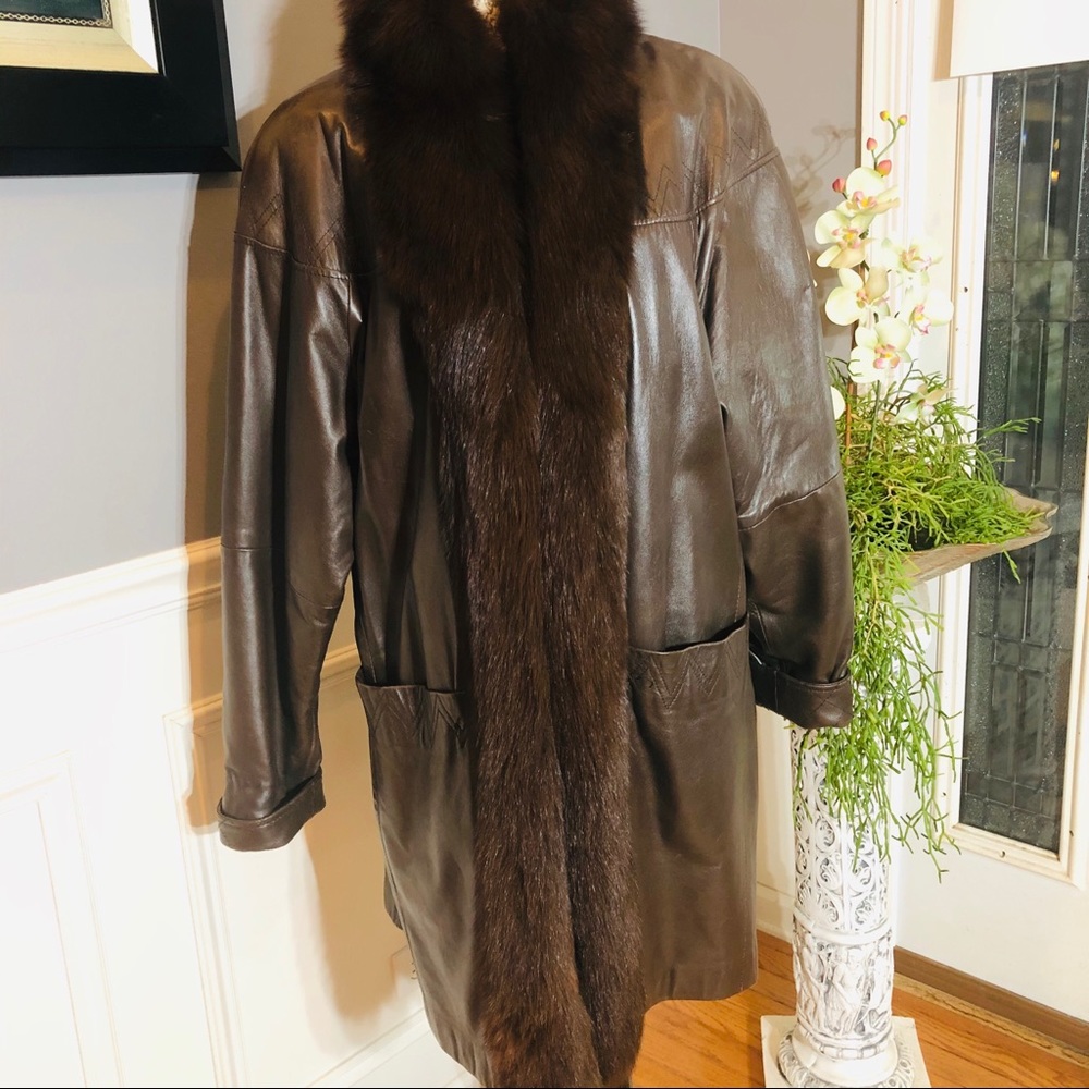 Leather coat with fox collar